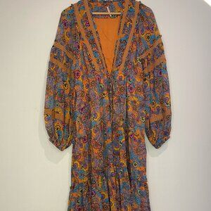 Free People - Maxi, Boho, Orange/Floral, Long Sleeve, VNeck, Dress - Size XL